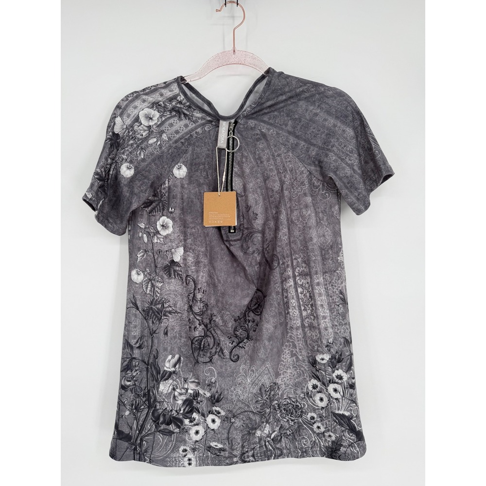 Noracora Womens Sz S Gray Floral Print‎ Zipper Neck Short Sleeve Top Tilunic NWT